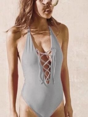 Aerie Sz Small Lace Up Plunge Neck One Piece Swimsuit, Halter Tie Back Neck Gray